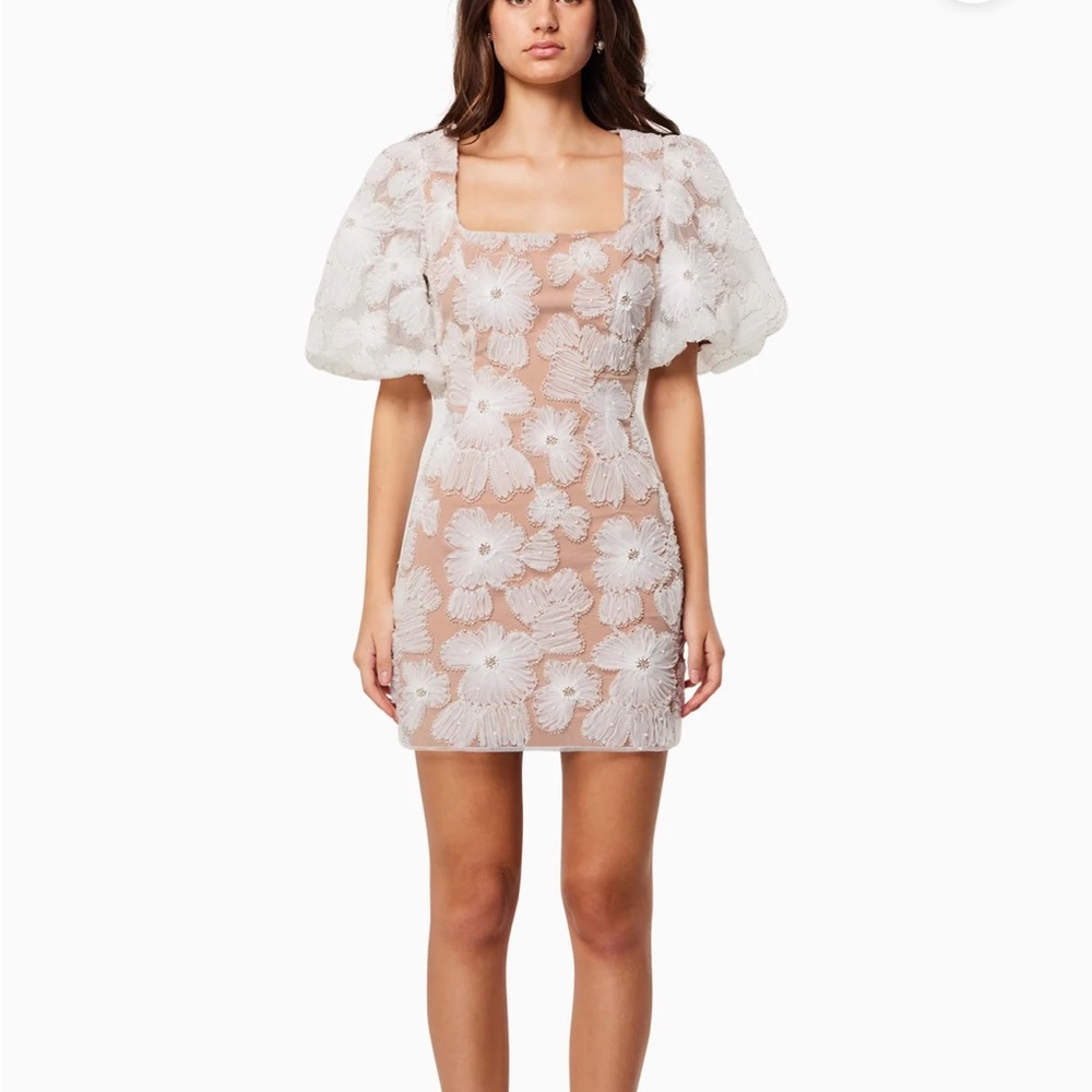 Elliatt White Floral Appliqué Mini Dress on Nude Lining